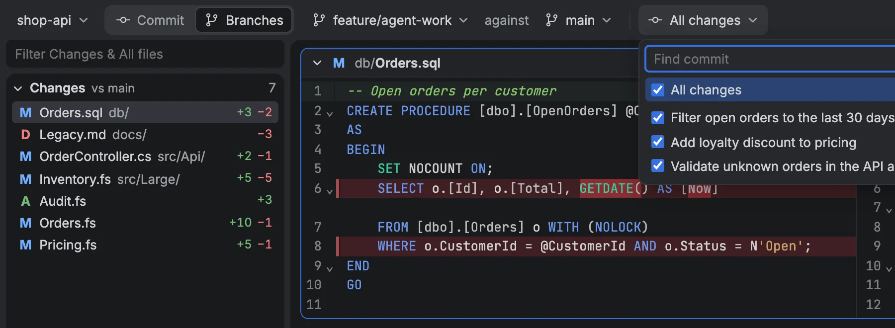 The commit picker, listing the branch's commits with checkboxes