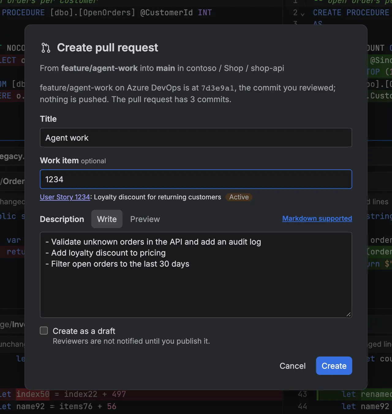 Create pull request: title, a linked work item, a Markdown description and Create as a draft